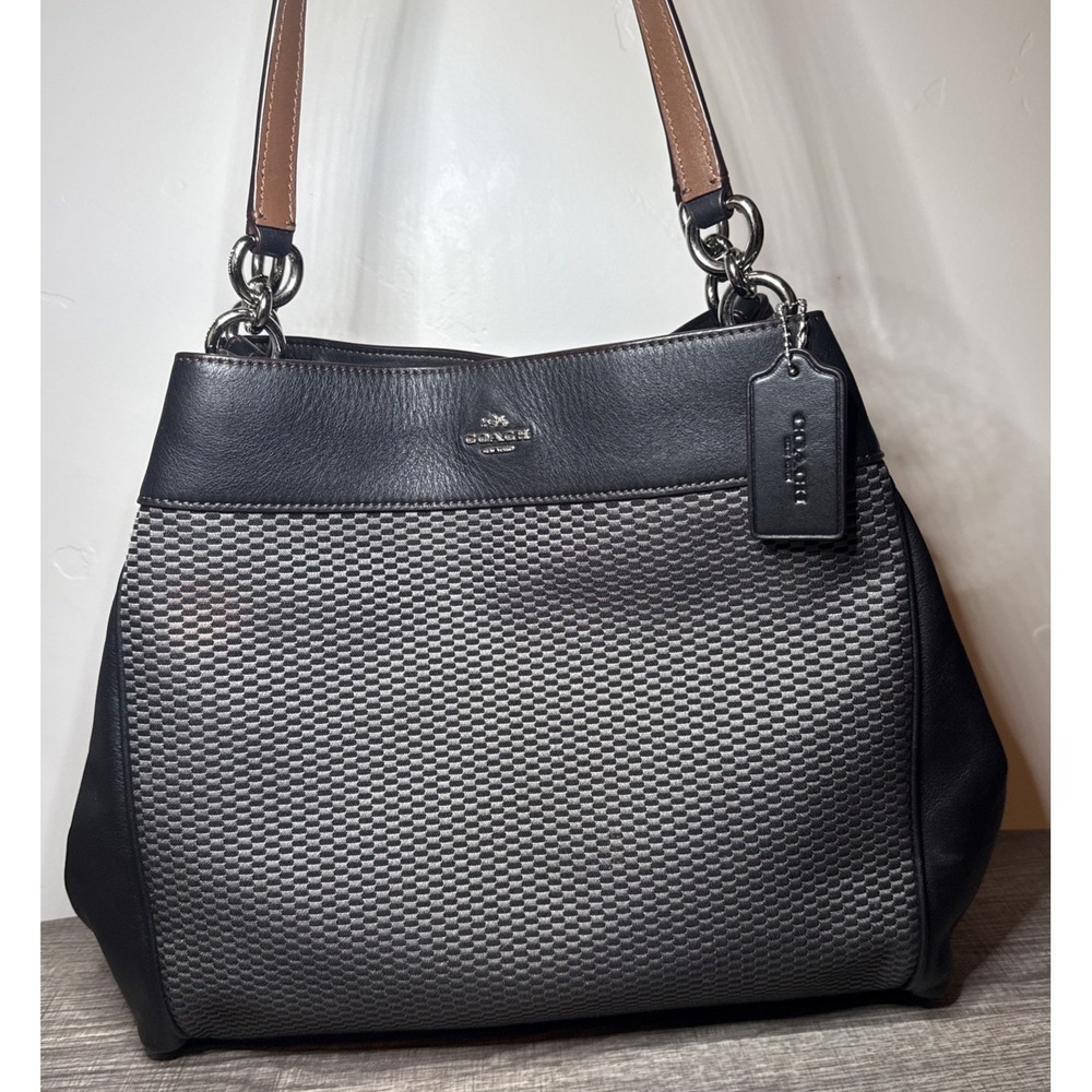 Coach Lexy F57540 Legacy Jacquard Leather Shoulder Bag Black Brown Carryall